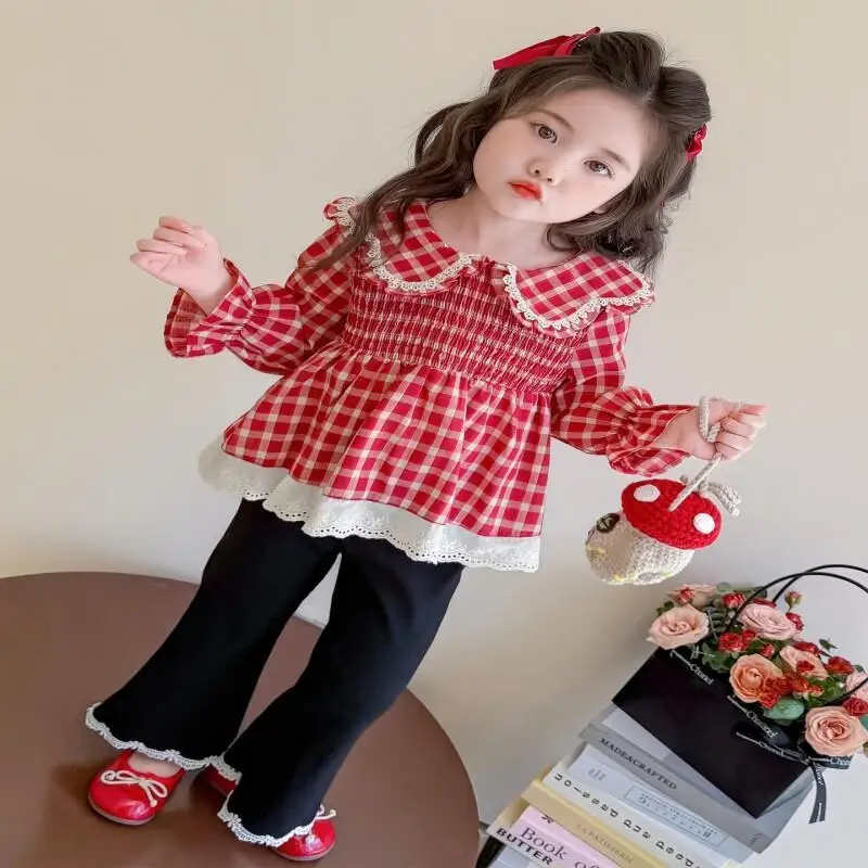 

Girl Pullover Two-Piece Set Spring Autumn Lace Tops Bell-Bottoms Pants Child Student Versatile Kawaii Fashion Casual Clothing