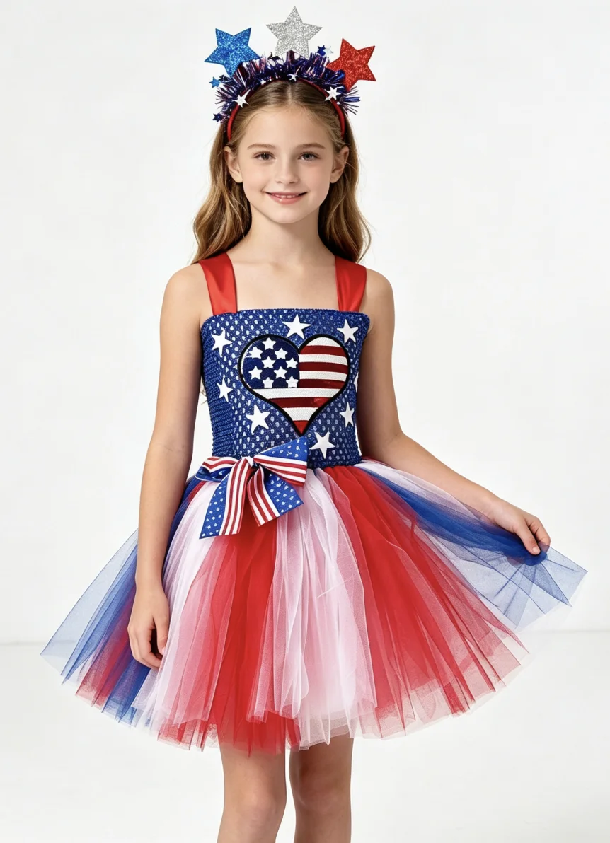 Patriotic Sparkly Tulle Skirt With Sequin Headband July 4th Independence Day Children Parade Carnival Holiday Party Fancy Outfit