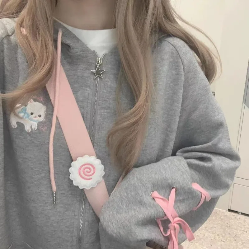 

Y2k Women's Hoodie Jacket Cute Sweet Kawaii Cat Bow Tie Strap Plush Cardigan Jacket Hooded Sweatshirt Ins Pocket Zipper Coats