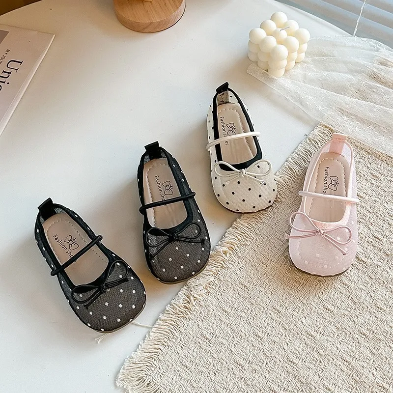 

New Girls Mesh Single Shoes Children Polka Dot Sandals Princess Party Dress Shoes Large Kids Performance Dance Flat Shoes Girls