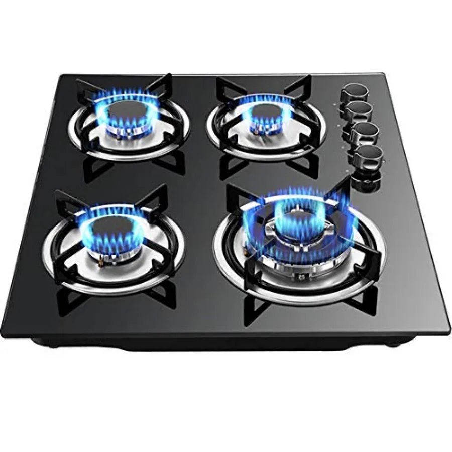 

24 Built-in Gas Cooktop with 4 Burners for Kitchen Use Tempered Glass Surface Compatible with LPG and NG Gas Durable Cast Iron
