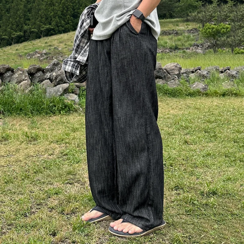 WTHT 패션 신상 남성 단색 루즈핏 캐주얼 팬츠 트렌디 한국 스타일 스트레이트 와이드 레그 트라우저 남성 2025 여름 2A1173