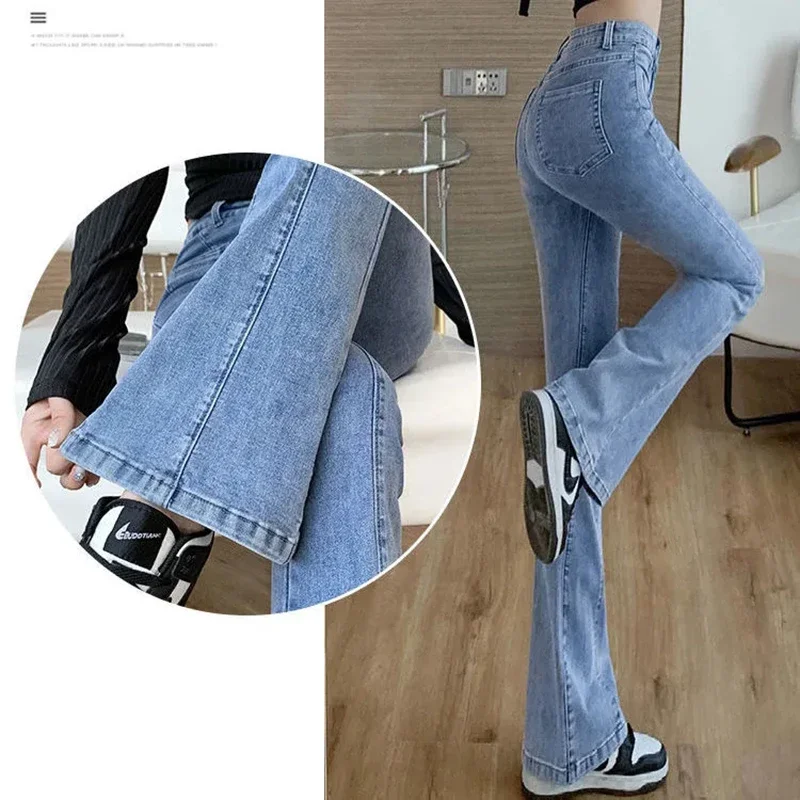 Koreaanse Mode High-Taille Chique Pocket Flare Jeans Vrouwen All-Match Slanke Stretch Denim Broek Lente Herfst Skinny Dames Jeans