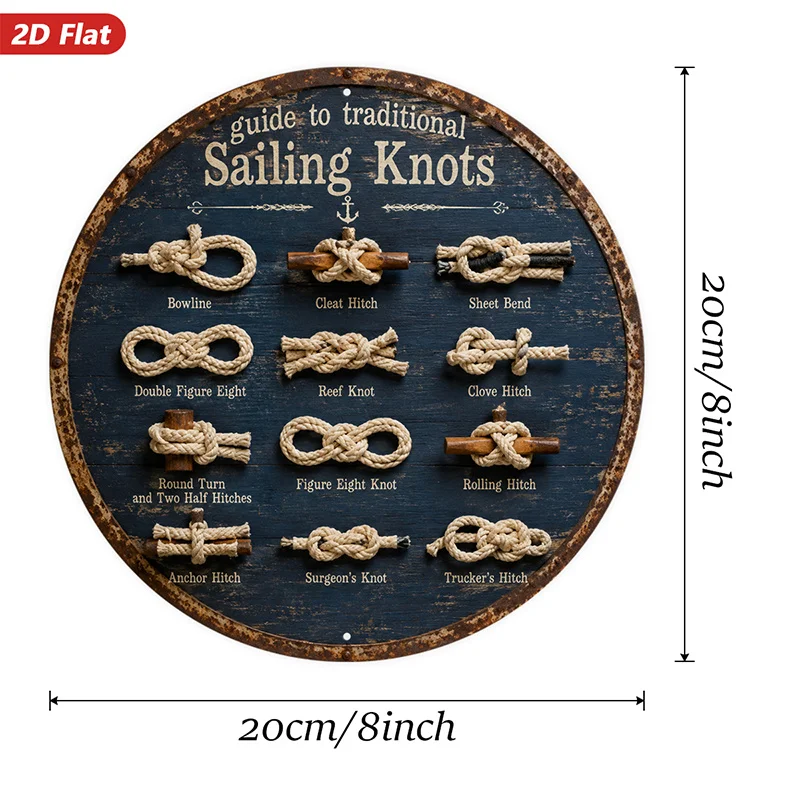 2D Flat, 1pc Nautical Knot Guide Round Metal Sign Wall Art, Guide to Traditional Sailing Knots, Suitable for Studio Study Corner