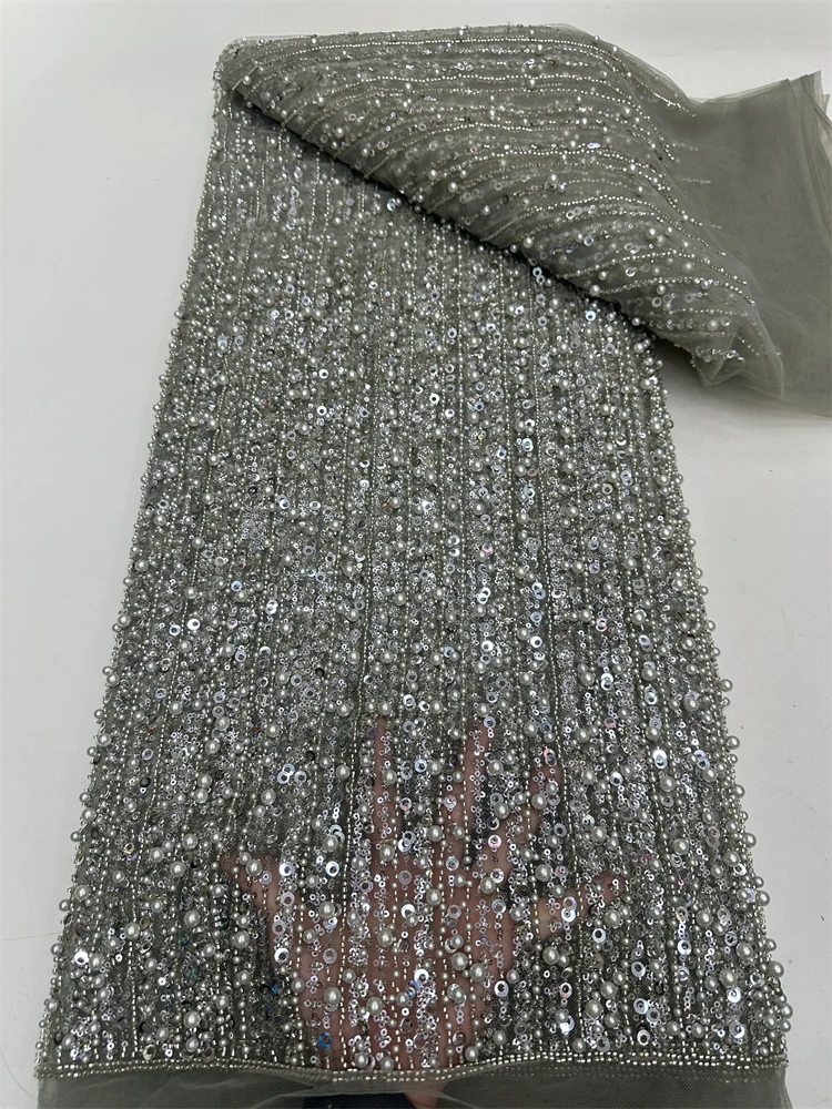 Hot Sale Superb Quality African Nigerian Sequins Tulle Lace Elegant Deluxe French Beads Net Lace Fabric For Evening Party Dress