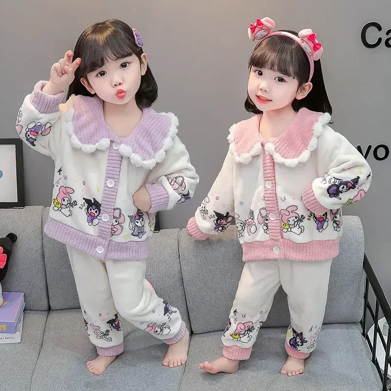 

Sanrio Anime Kawaii Ins Cinnamoroll Kuromi Coat Pants Set Pajamas Winter Cute Flannel Children Coral Velvet Homewear Jacket Toys