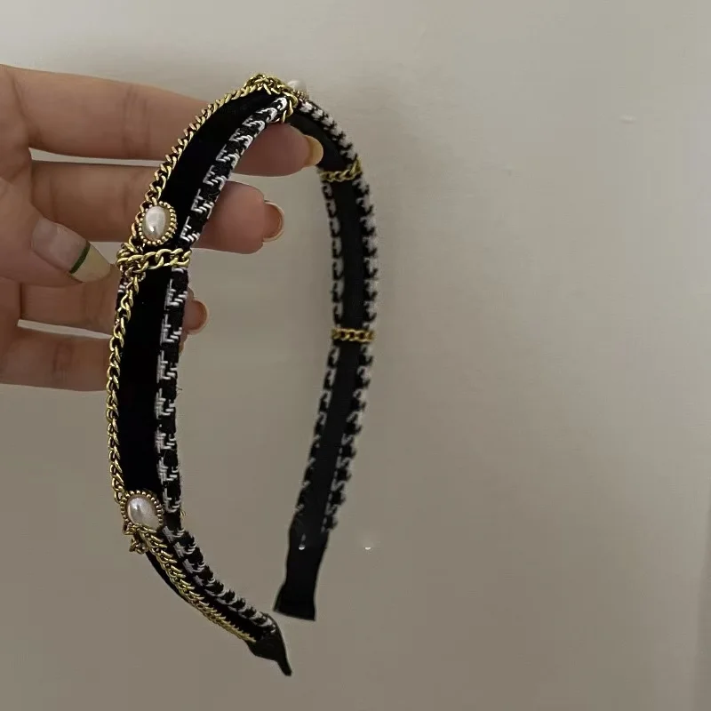 Diademas de perlas blancas y negras Retro, diademas de cadena trenzada de estilo francés, accesorios para el cabello de corona con aro para la cabeza de calle dulce para mujer