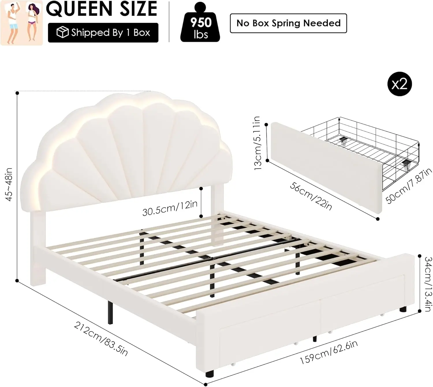 Marco de cama LED inteligente tapizado Queen con 2 cajones de almacenamiento y cabecero de doble pétalo elegante ajustable, plataforma Princess de terciopelo