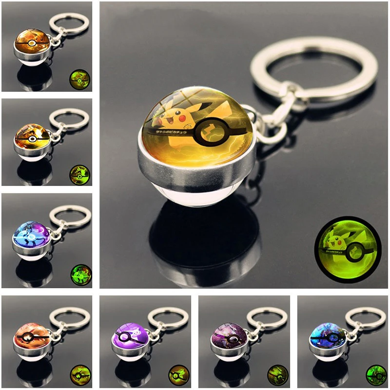 

Pokémon Pikachu Cartoon Glow Keychain Anime Figures Mewtwo Eevee Arceus Lucario Action Figure Glass Ball Pendant Metal Keychains