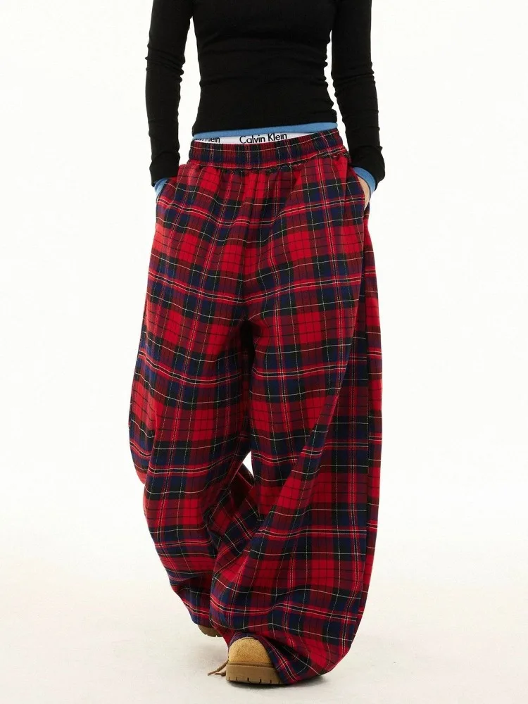Women's Retro Red Checkered Casual Sweatpants Sweet Girl Wide-leg Hip Hop Trousers Summer Bottoms Female High Waisted Pants