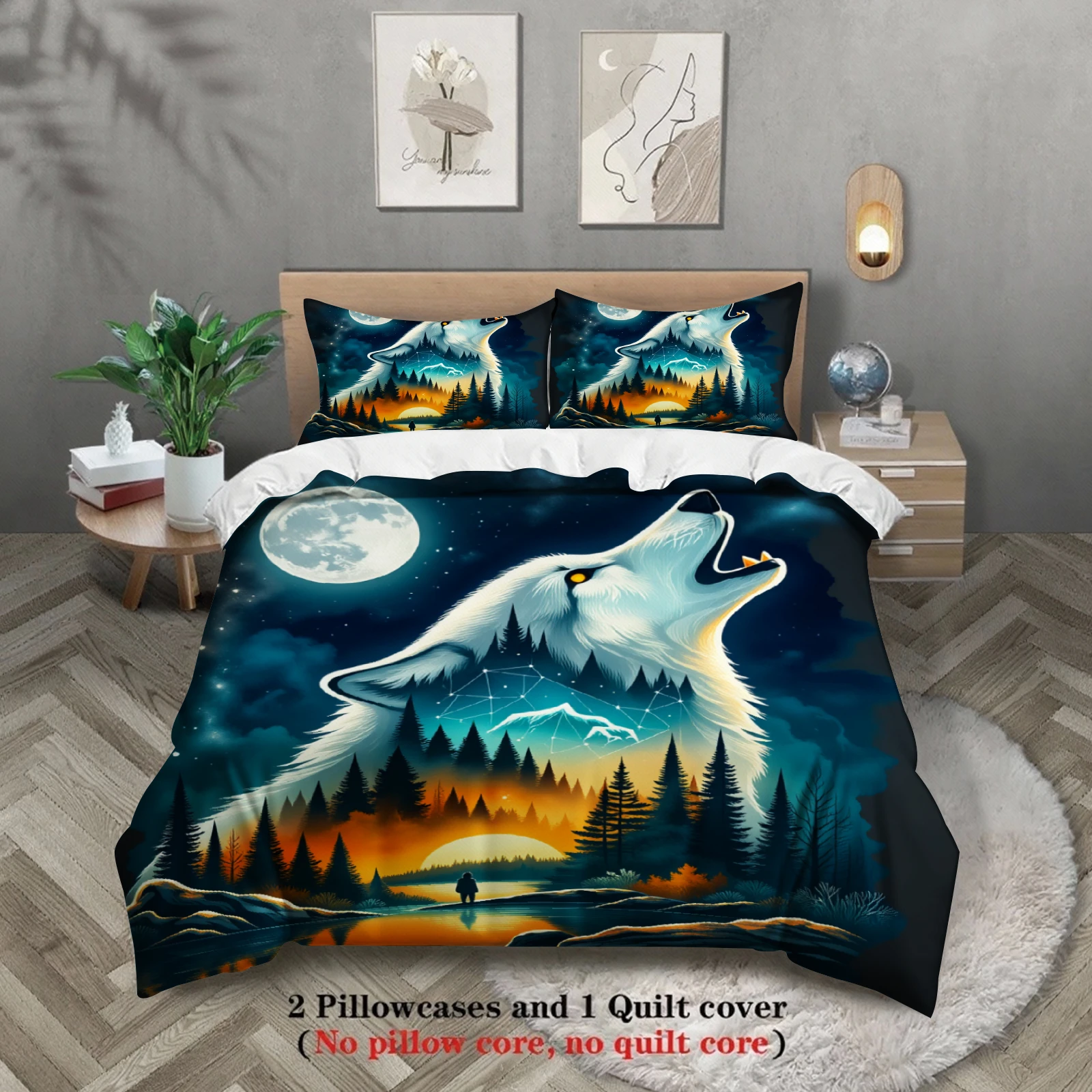 3pcs Wolf Howling At Moon Bedding Sets 3D Printed Night Forest Scene Duvet Cover Sets With Pillowcases No Filling