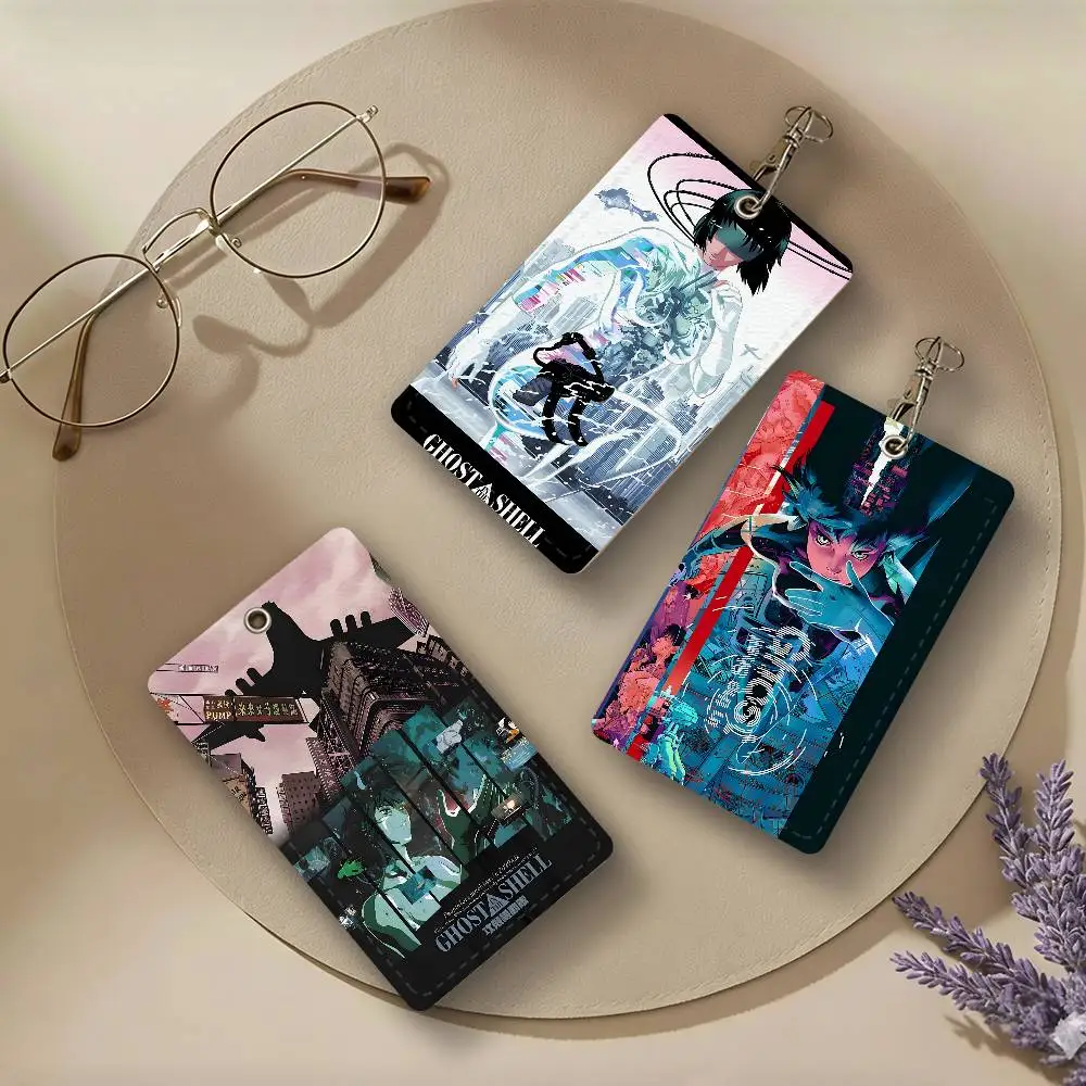 Ghost in the Shell Anime PU Leather Card Holders Anti-lost Student ID Protective Cover Cases Campus Access Cards Key Chain
