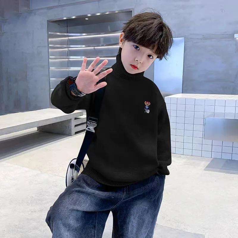 【High-neck Embroidered Kids Sweater】Thickened Fleece-lined Pullover, Full-body Knitwear for Boys Girls, Warm Winter Base Layer
