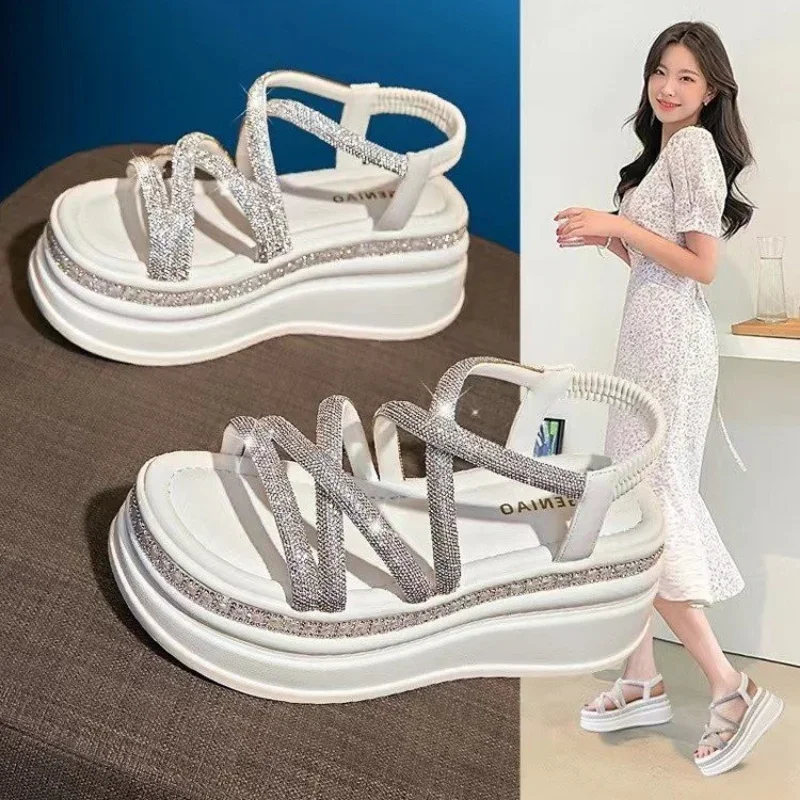 Hot Women Platform Bling Sandals New Summer 7.5CM High Heels Lady Crystal Wedges Beach Walking Shoes Slippers Sandalias Mujer