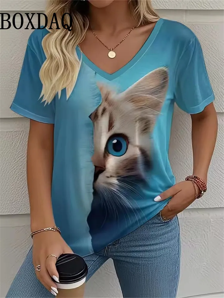 

Classic Contrast Color Cat Women's V-Neck T-Shirt Summer Outdoor Fashion Short Sleeve Tops 2025 Plus Size Women's Clothing 8XL