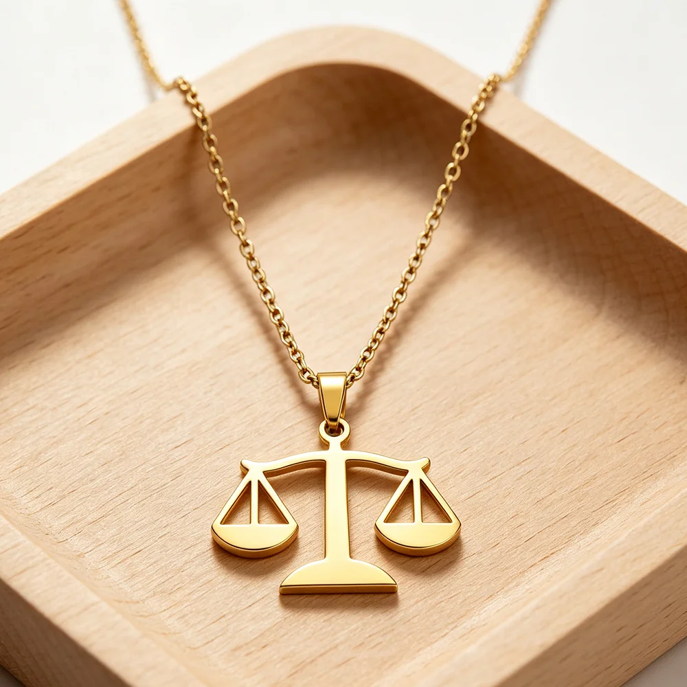 Minimalist Gold Justice Balance Scale Pendant Necklace Stainless Steel Libra Lawyer Charm Neck Chain