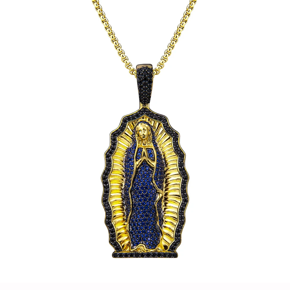 

VANAXIN Iced Out Virgin Mary Necklace Men Women 14K Gold Plated Blue / black Cubic Zirconia Fashion Jewelry Creativity Chains