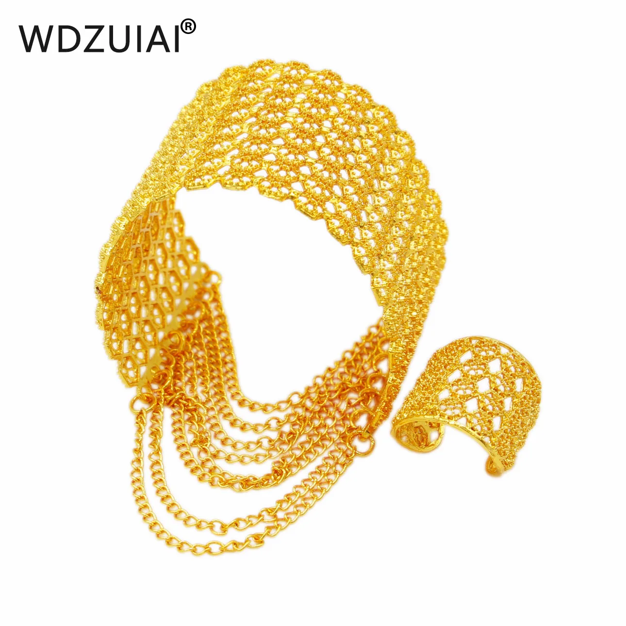 WDZUIAI 24k Dubai Gold Color Tassels Cuff Bracelet&Ring Set African Ethiopian Spain Women Bridal Wedding Jewelry Girl Party Gift