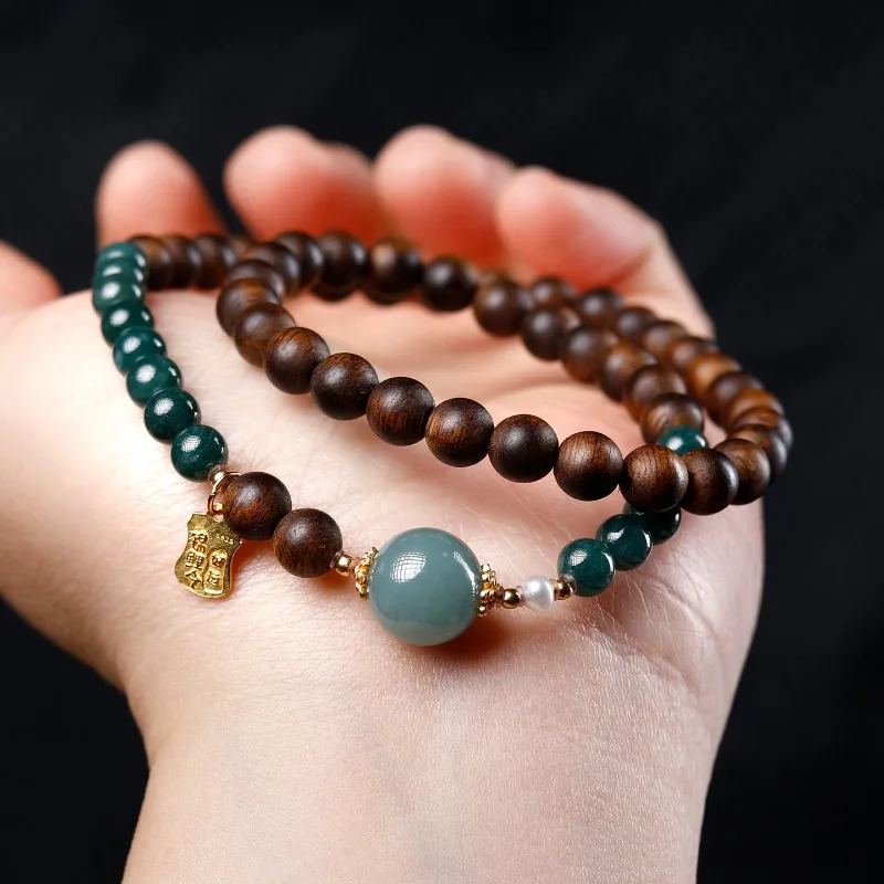 DIY Design 6mm Double Loop Bracelet with Hainan Yingge Green Agarwood Beads and Jade Beads Retro Ethnic Style Gifts