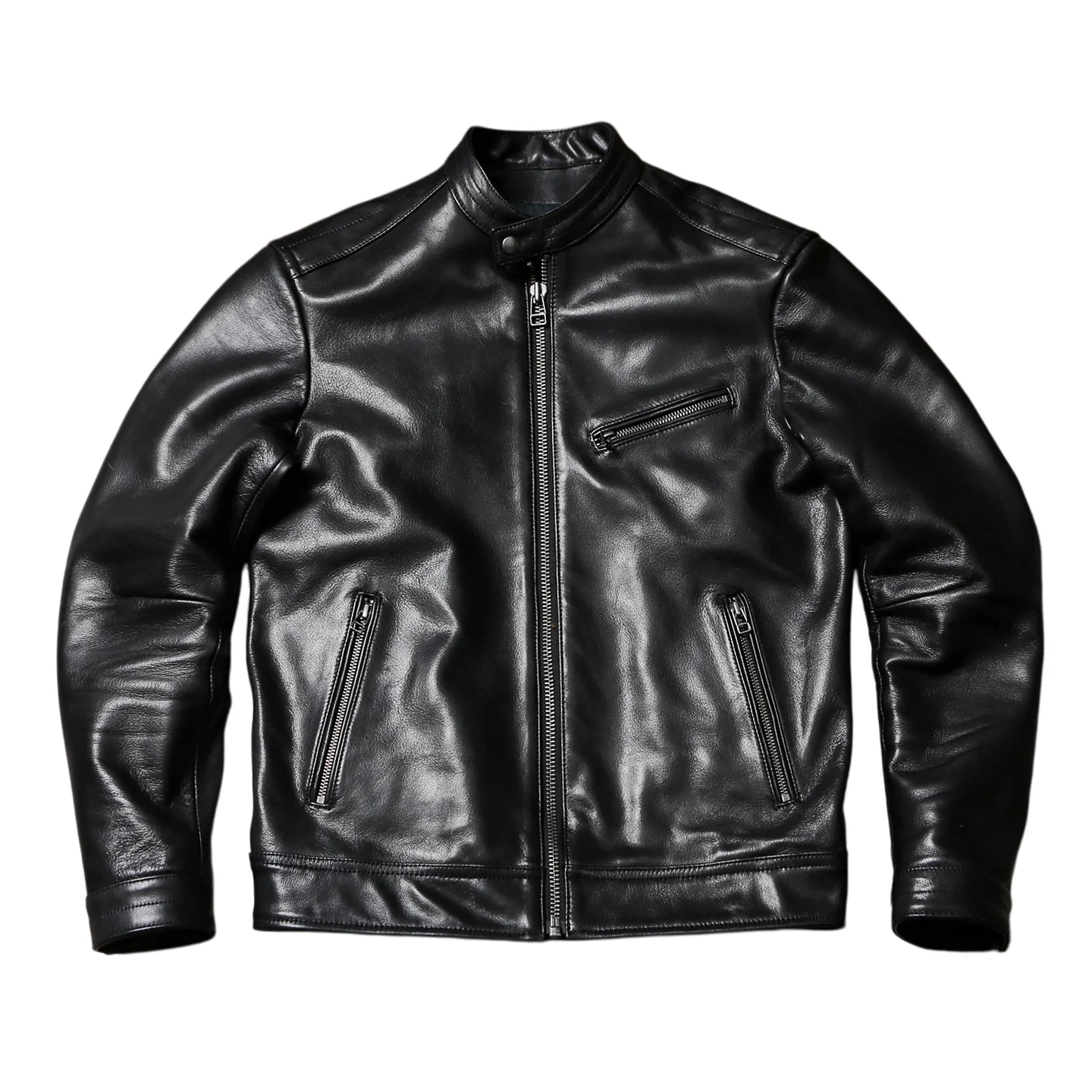 

Black Spring Leather Jacket Men Retro Style Plus Size 5XL Genuine Natural Sheepskin Stand Collar Slim Fit 1930 Leather Coat