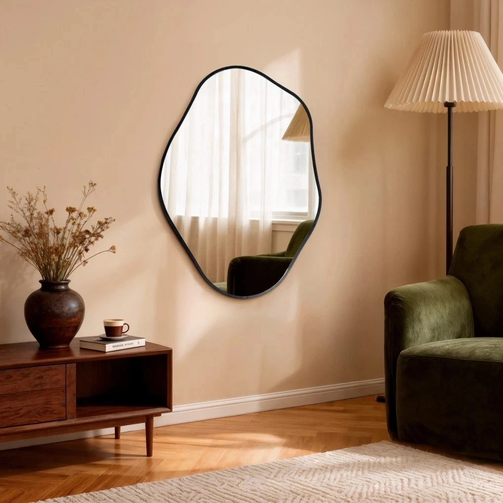 Asymmetrical Black Wall Mirror, Large Irregular Modern Wall Mounted Mirror with Aluminum Alloy Frame, Unique Freeform Decorative Art Mirror for Living Room, Bedroom, Entryway & Hallway