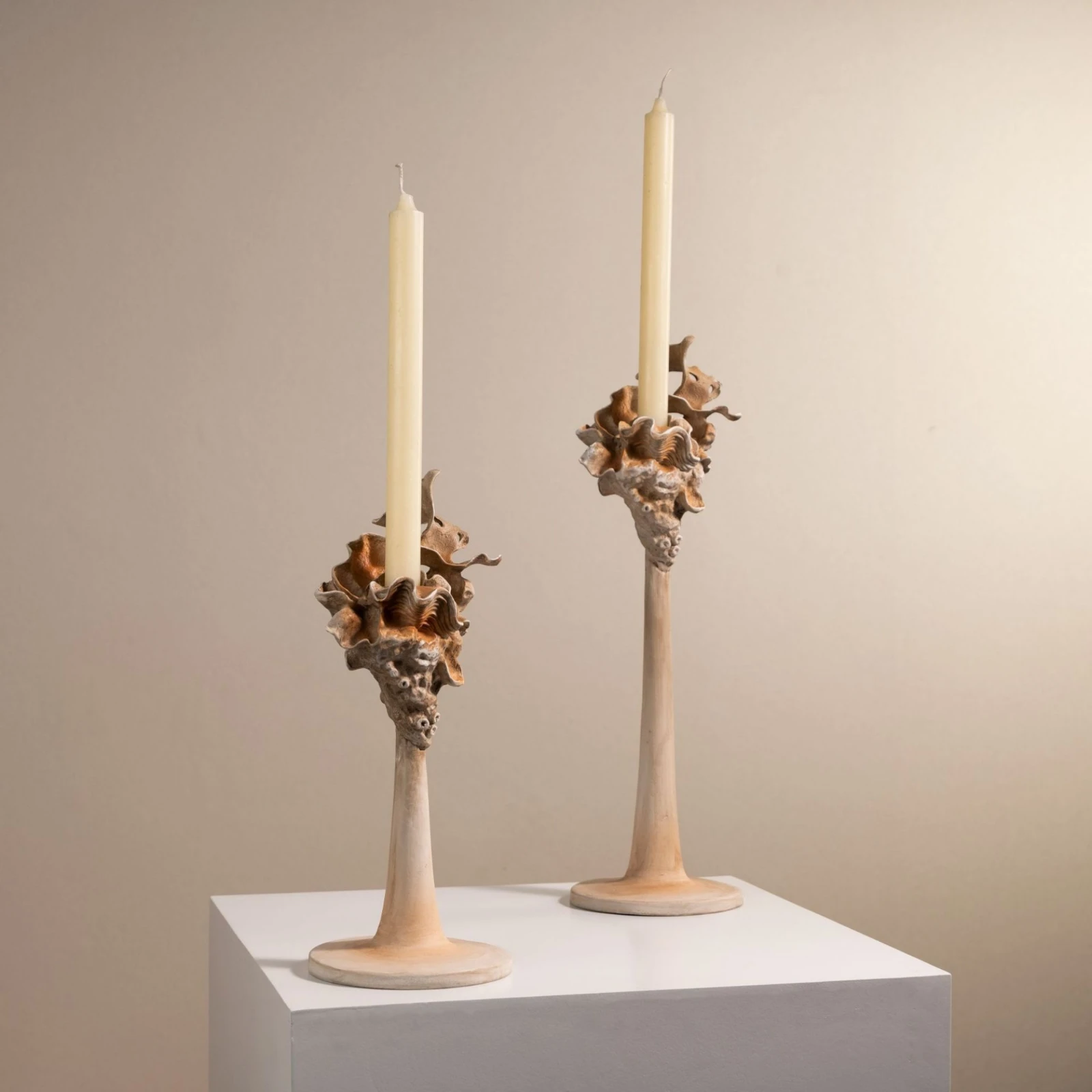 Candlestick with Round Base Shell-Pattern Sculptural Candle Holder Candlesticks Beige Long-Lasting for Decorators, Tabletop