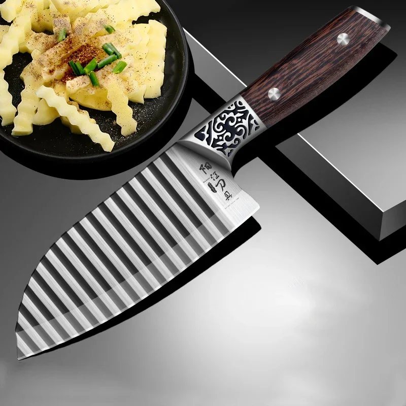 304 stainless steel potato knife Household chicken wings Wood handle Wave knife Ripple knife Wolf tooth kitchen knife