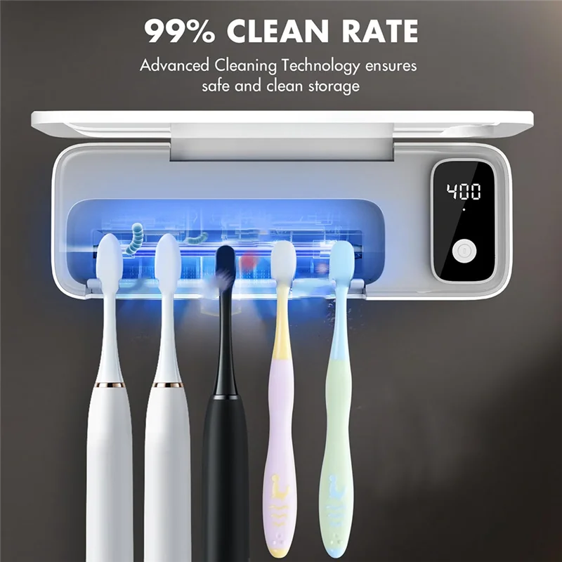 B07B-Smart Sanitizeri منظف فرشاة الأسنان القابل لإعادة الشحن بدون حفر مثبت على الحائط، منظم، حامل فرشاة