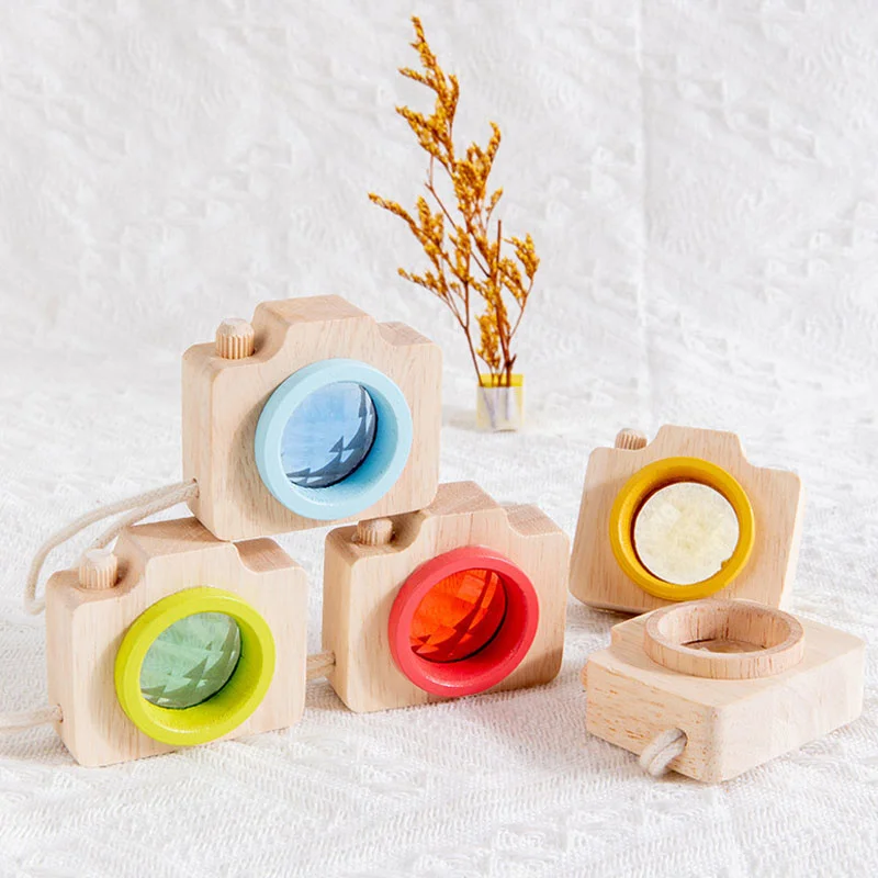 Children Wooden Mini Camera Toys for Kaleidoscope Rainbow Wooden Toys Color Learning Early Educational Game Bee Eye Camera