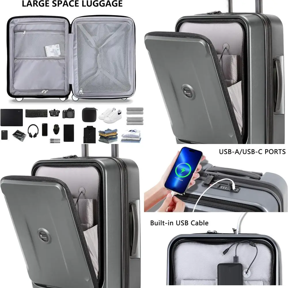 

Легкий 20-х местный чемодан-спиннер с жесткой стороной, USB-портом и замком TSA, серый чемодан для ручной клади