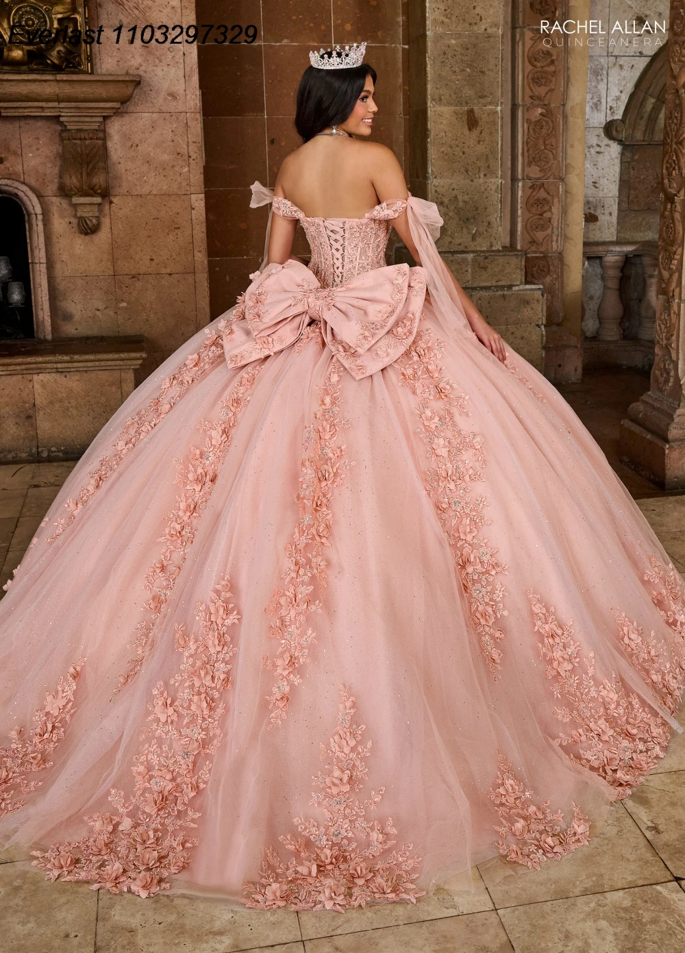 EVLAST Customized Pink Quinceanera Dress Ball Gown Floral Applique Beading Crystal Bow Corset Sweet 16 Vestido De 15 Anos TQD446