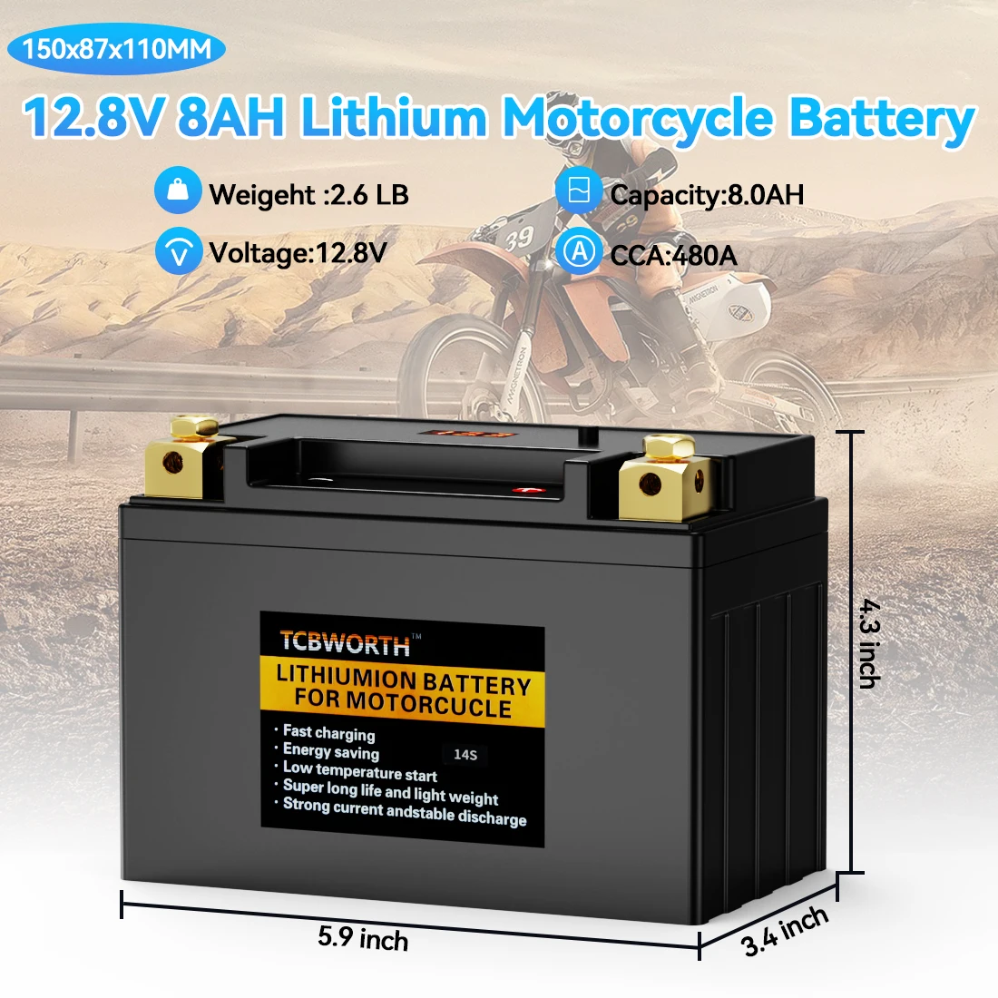 TCBWORTH 14S Lithium-Motorradbatterie LiFePO4 14S 12,8 V 8 Ah 480 CCA für Motorrad, ATV, UTV, Jetski, Generator, 4 Wheeler – Detail 1