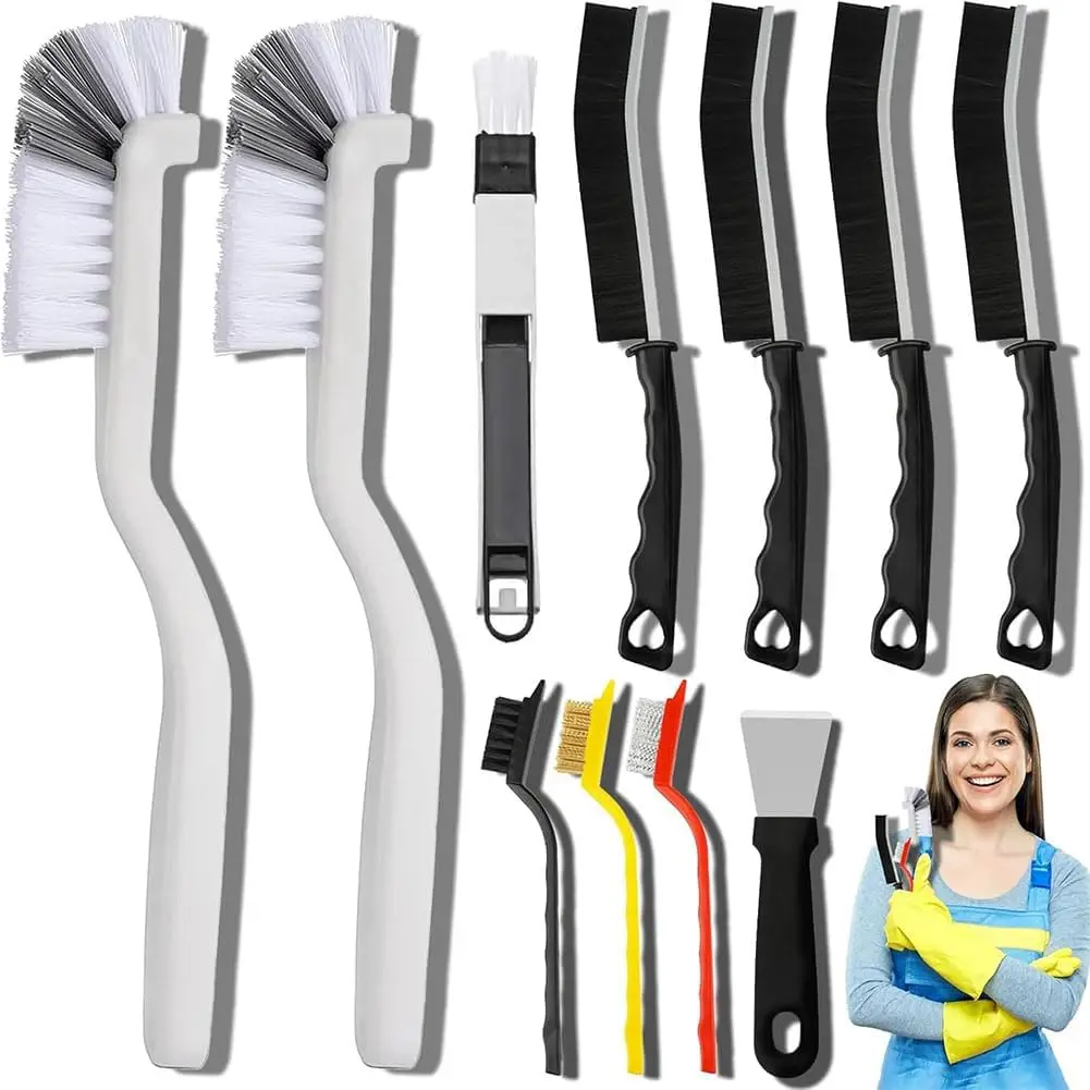 Juego de cepillos para limpieza de grietas, 11 Uds., suministros de limpieza de cerdas duras para cocina, baño, esquina, lechada, fregadero, taza, tetera, botella