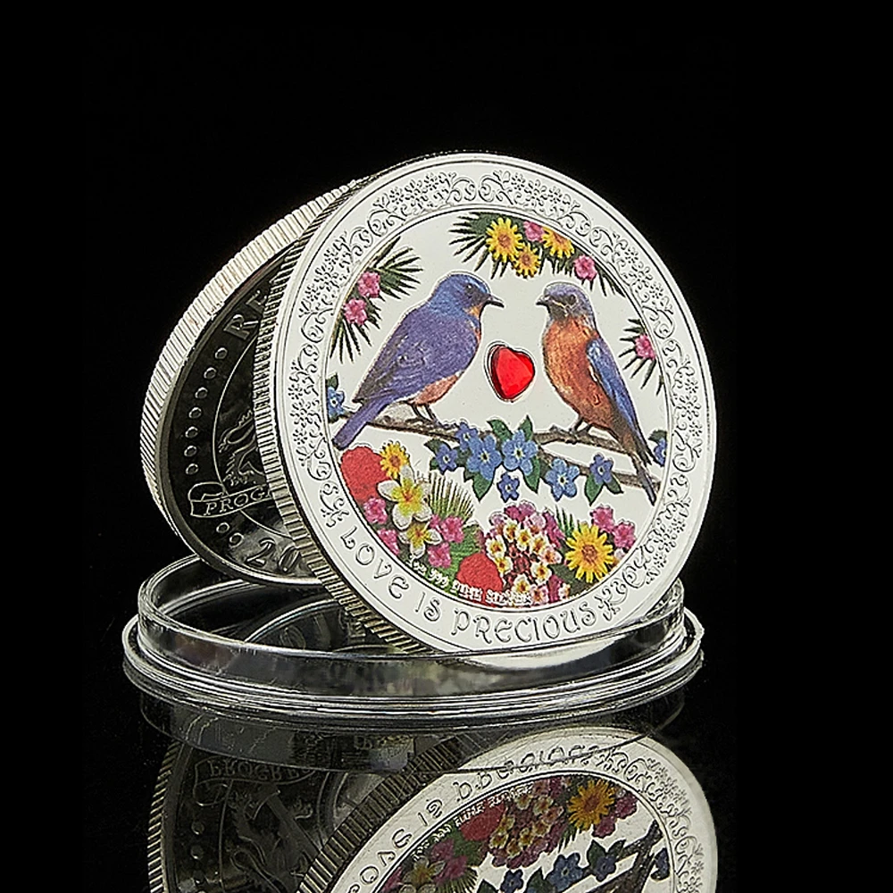Forever Love Happiness Love Is Precious Bird Painted Acrylic Diamond Silver Plated Commemorative Coin Gift