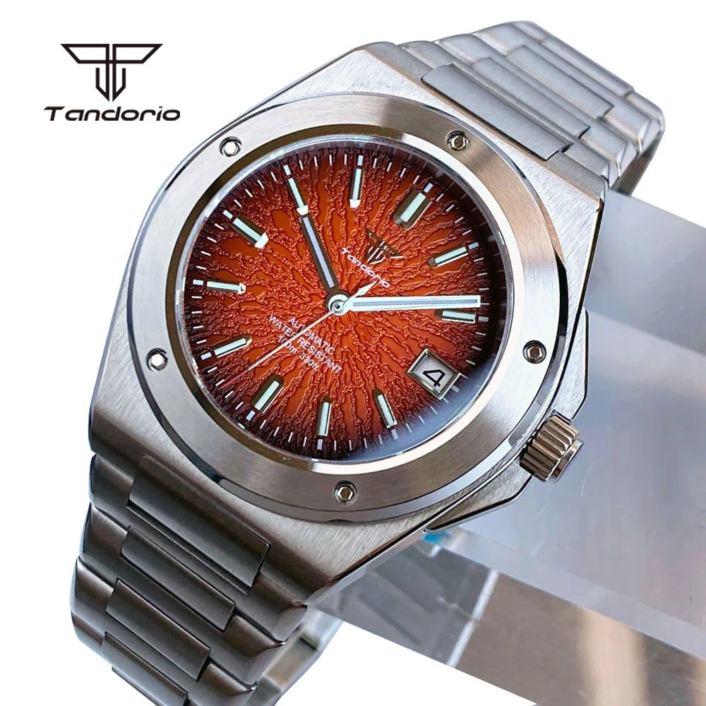 Tandorio Men's 40mm Mechanical Sapphire Watch Automatic NH35 Movt Fashion Texture Dial Date Waterproof Steel Wristwatch Luminous