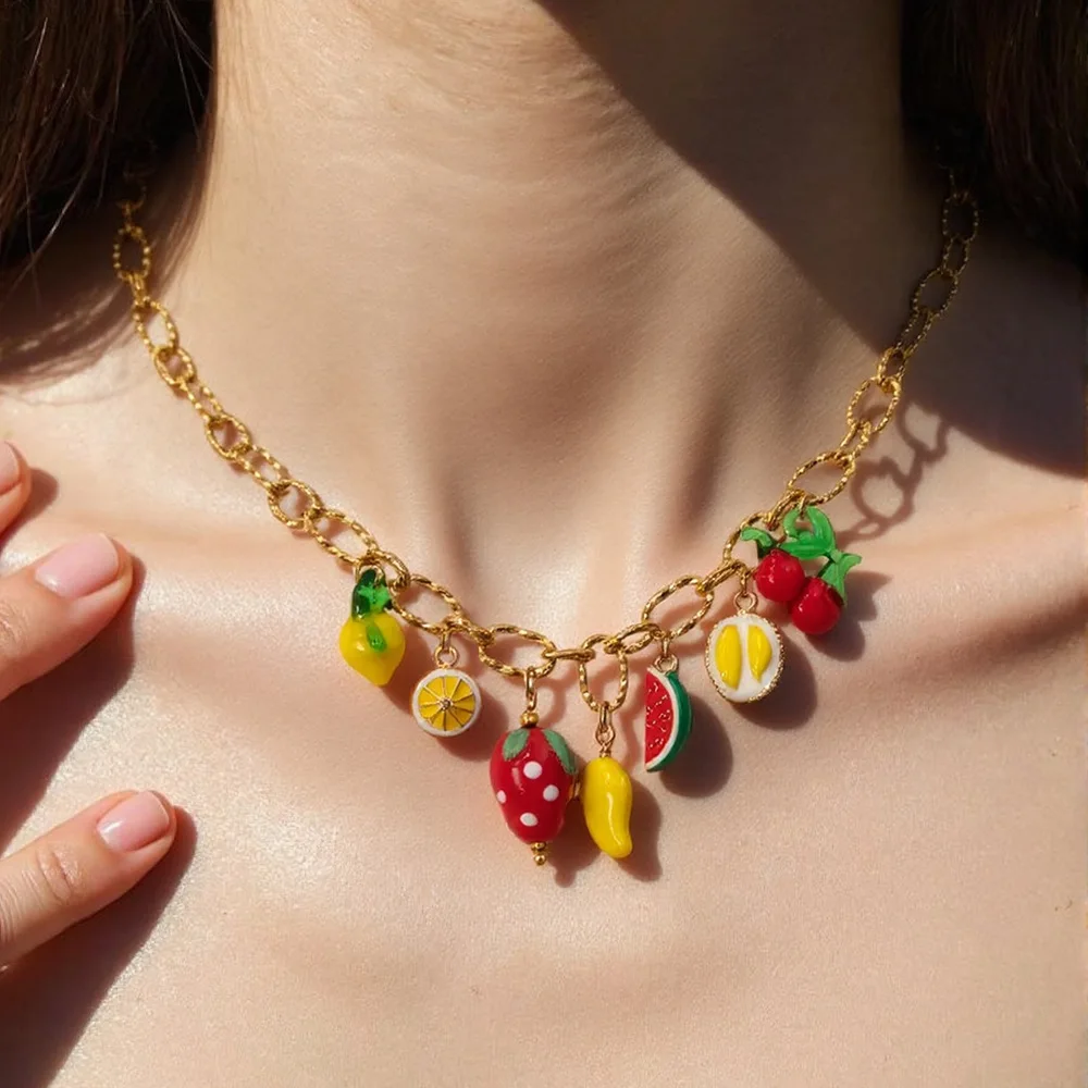 

Summer Colorful Oil Drop Grape Watermelon Fruit Glass Pendant Necklace Women Stainless Steel Waterproof Jewelry Gifts For Her