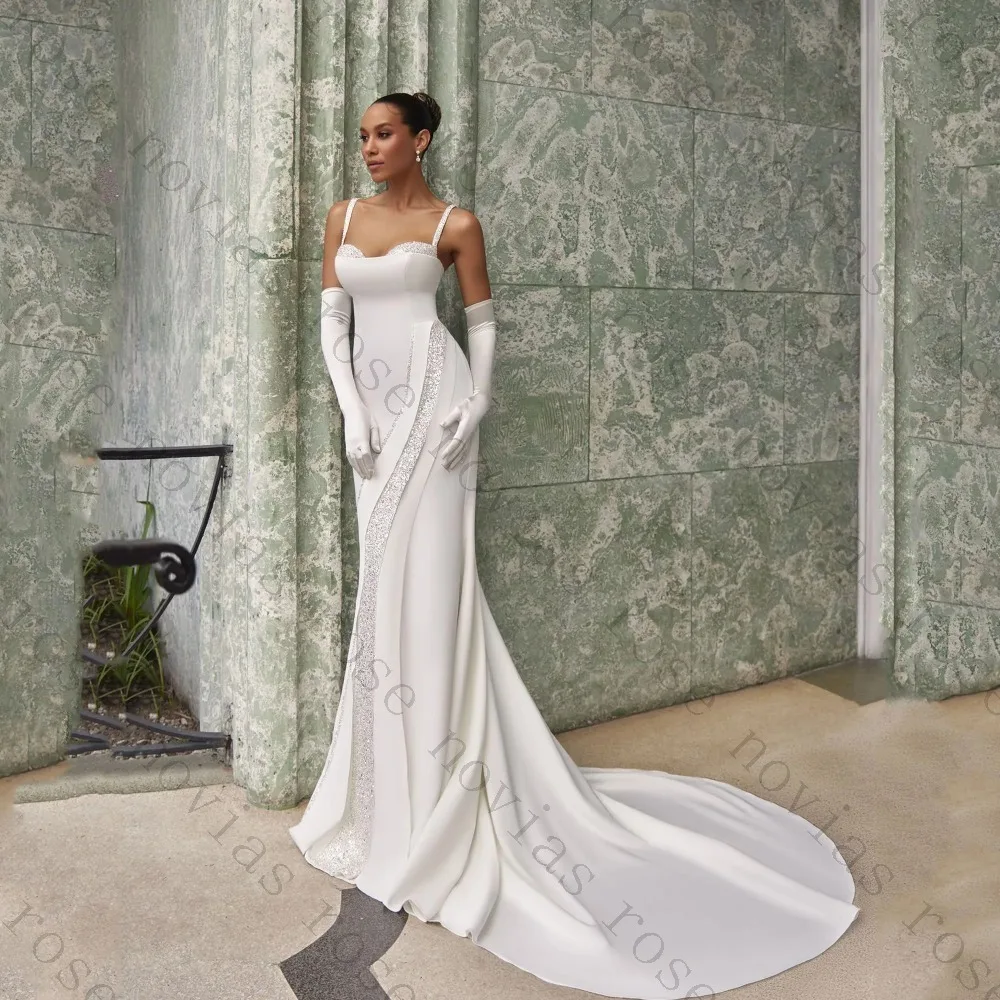 Customized Spaghetti Strap Sweetheart Mermaid Shiny Rhinestone Side Panel Satin Chapel Train Elegant Fitted Bridal Gown Wedding