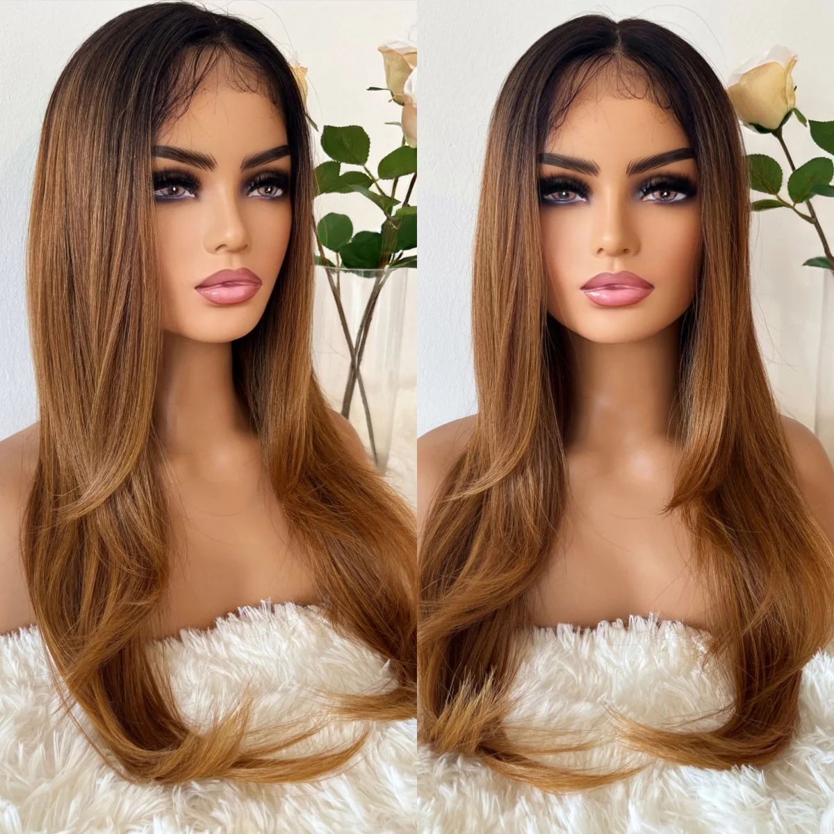 

Модная средняя часть Ombre Медово-коричневый синтетический парик фронта шнурка Предварительно выщипанная линия волос Швейцарский HD кружевной бесклеевой парик Длинный прямой парик