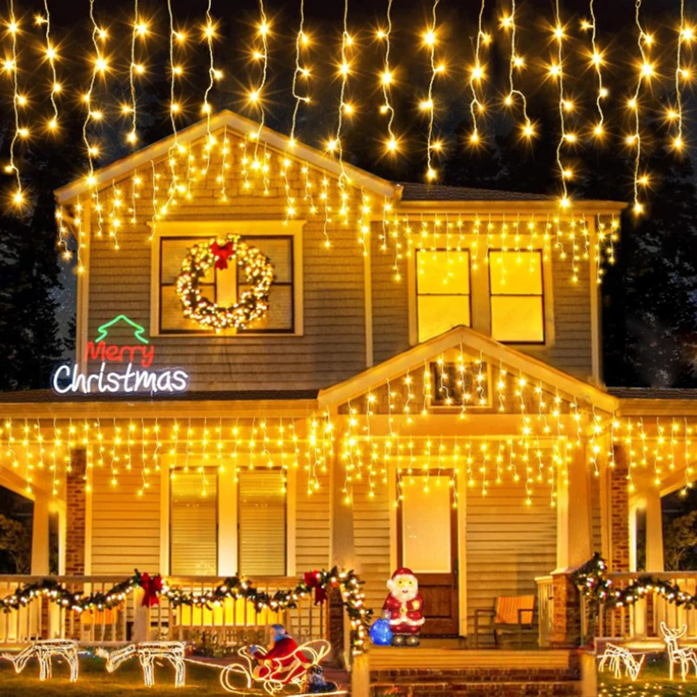 4 متر/8 متر الشمسية LED جليد سلسلة أضواء عيد ميلاد الستار الجنية أضواء جارلاند في الهواء الطلق للعام الجديد الزفاف شارع تزيين في العطلة #6