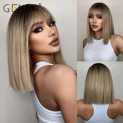 GEMMA Short Straight Mixed Brown Blonde Synthetic Wigs with Bangs for Women Daily Party Bob Hair Wig High Tempearture Fiber