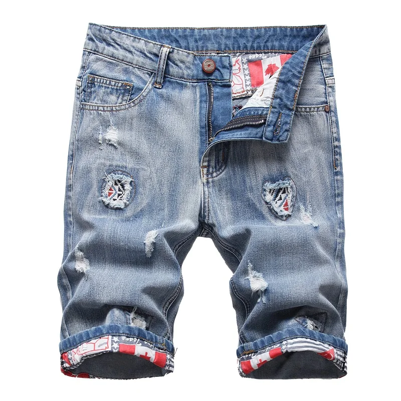 Hip Hop Ripped Men\'s Fashion Denim Shorts Blue New Style Stretch Straight Personalized Retro Nostalgic Trendy Pants Jeans Shorts