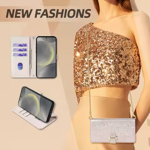 Crossbody Phone Case for Samsung Galaxy S25 S24 S23 Plus S22 S21 S20 S10 A26 A56 A36 M35 Flip Cover with Metal Chain Body Strap