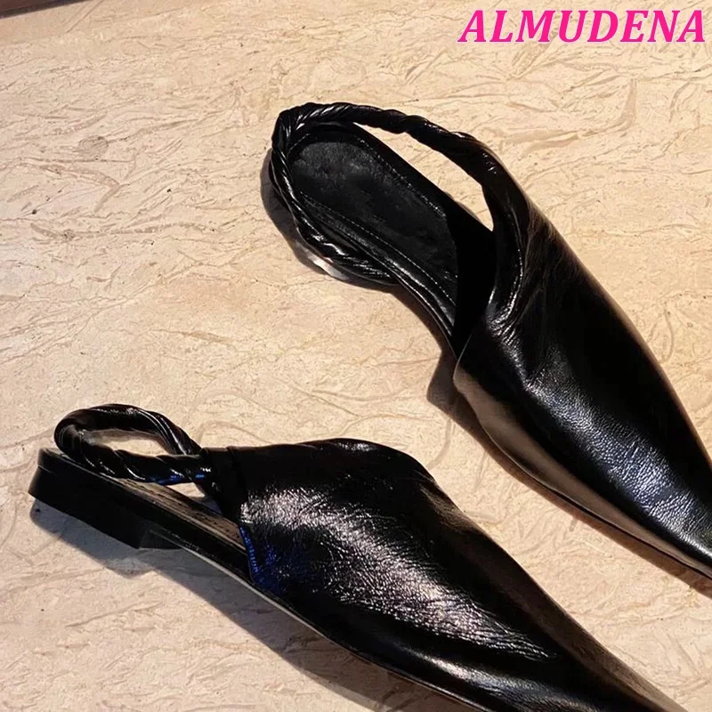 Black Leather Flat Pointed Toe Sandals Women Summer Soft Slippers Slingback Causal Style Luxury Designer 2024 New in Shoes