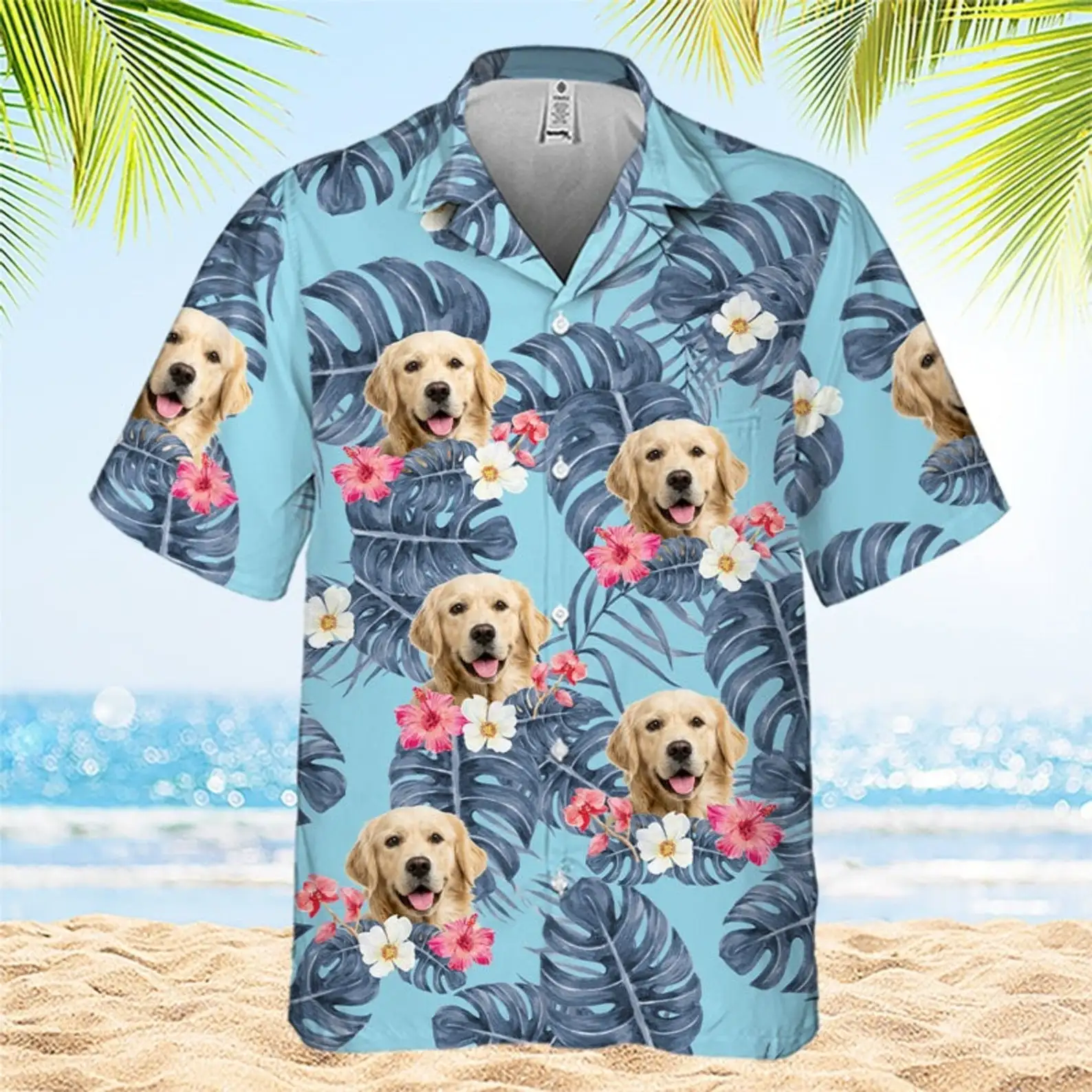 Hawaii Shirt For Men\'s Tropical Pets Leaves Dog Floral Summer 3D Printed Casual Harajuku Beach Clothing