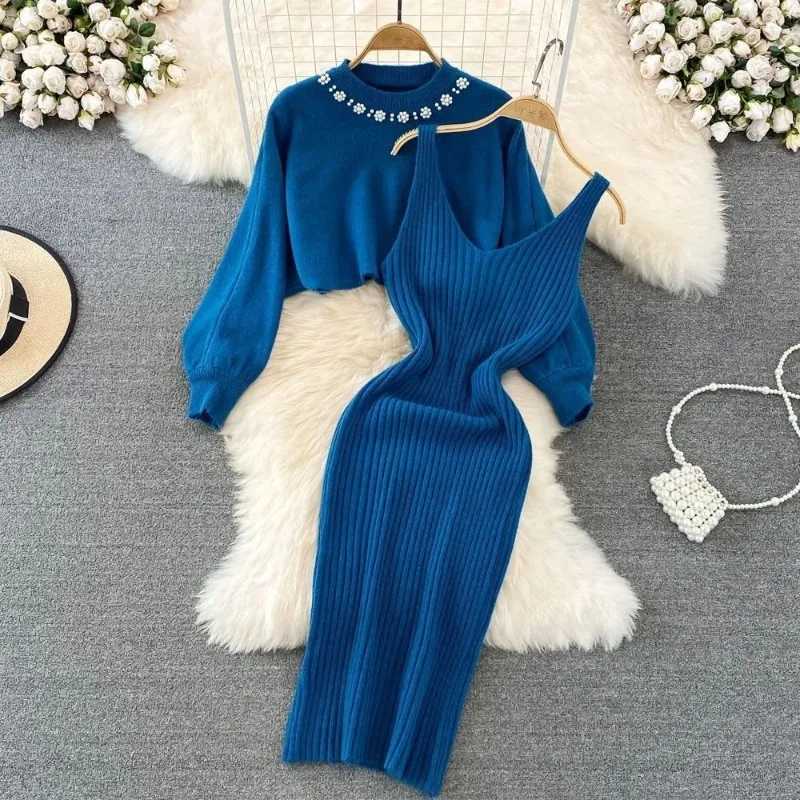 Two piece base knitted dress autumn and winter new mid to long style hip hugging knitted dress set sweater inner layer