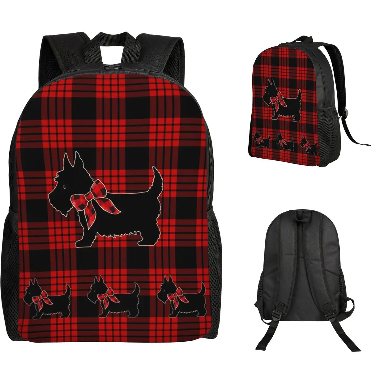 Black Scottie Dog Plaid Tartan Scottish Terrier Lover Backpack Student Boys Girls BookBag School Bag Laptop Shoulder Bags