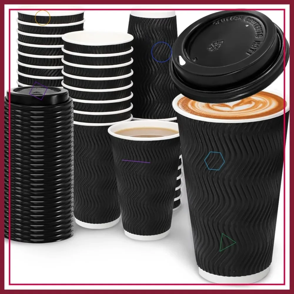 

16 oz Disposable Coffee Cups with Lids, 100 Pack Insulated Paper Cups for Hot and Cold Drinks