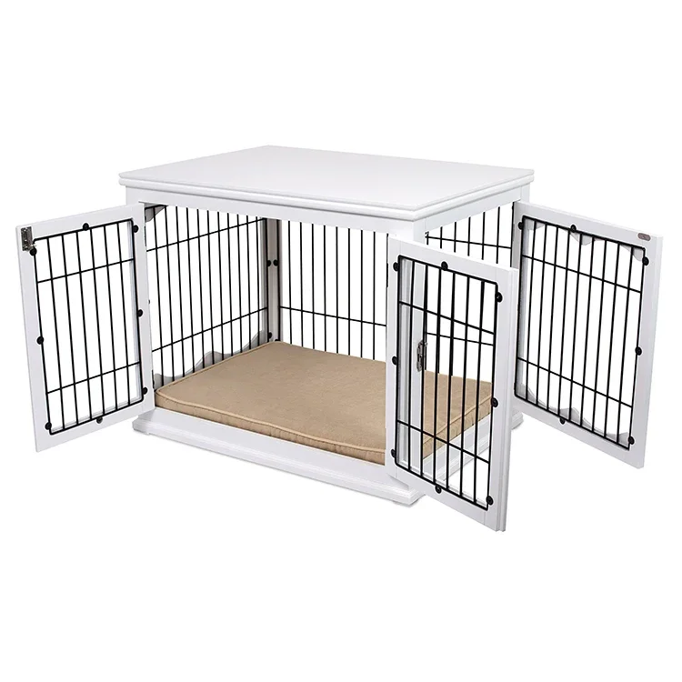 Furniture Dog Crate Furniture Double Door Wooden Wire Dog House Best Decorative Dog Kennel With Pet Bed