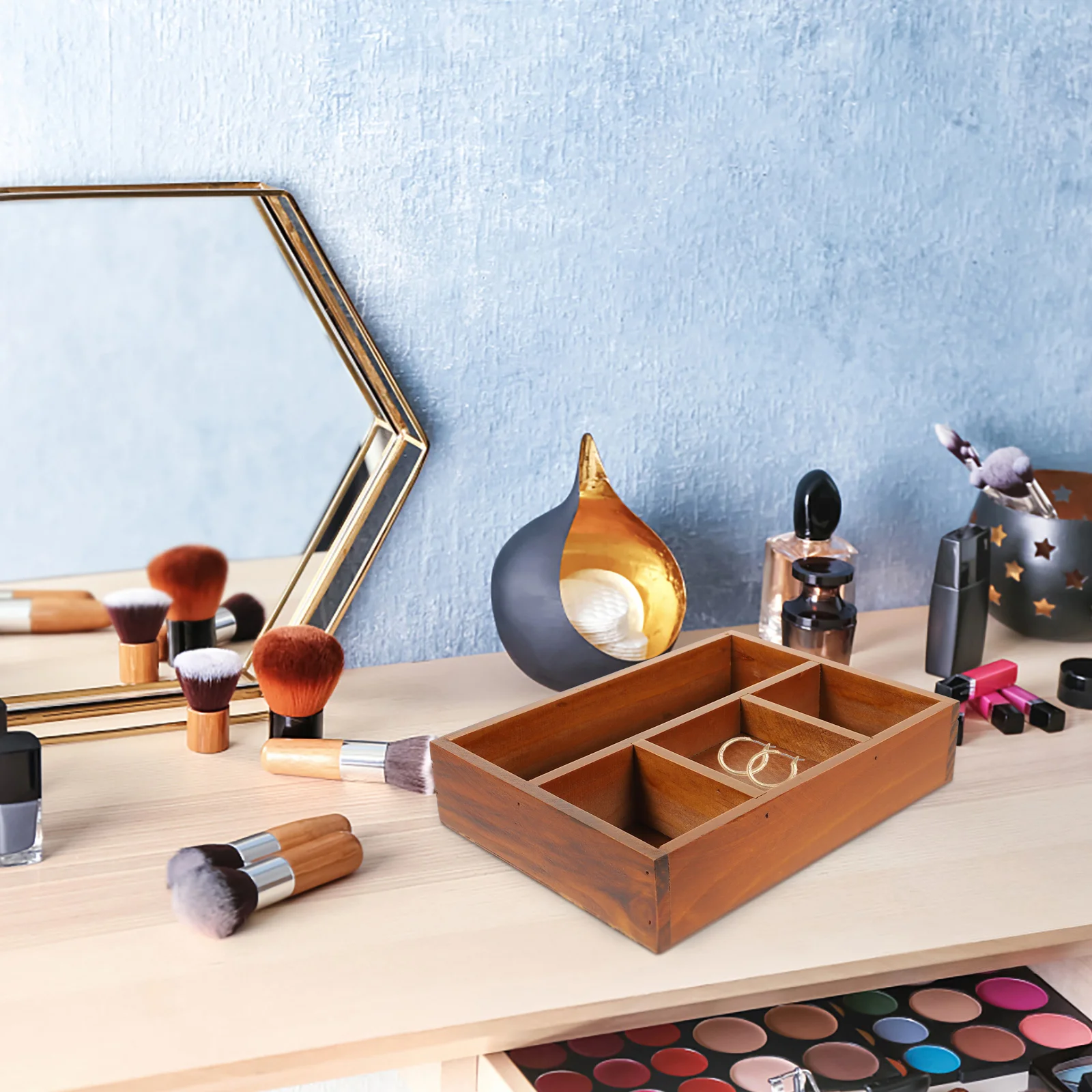 

1pc Storage Box Jewelry Organizer Tray Desktop Makeup Vanity Bathroom Counter Wooden Compartment Home Organizing