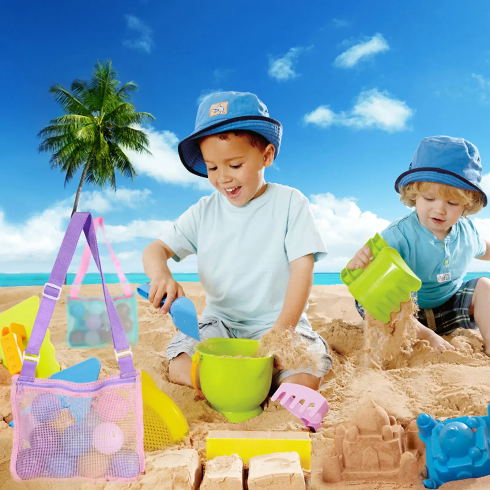 Beach Mesh Hollow Bag Sand Toys Totes Kids Shell Collecting Little Girls Boys Vacation Playing borsa a tracolla leggera